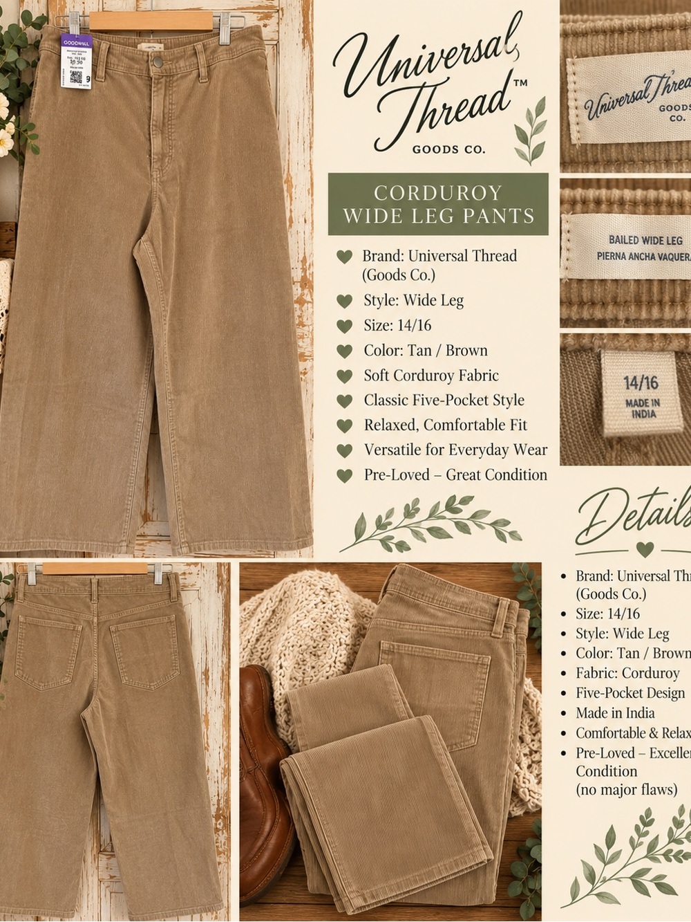 Universal Thread Men's Corduroy Wide-Leg Pants in Tan/Brown